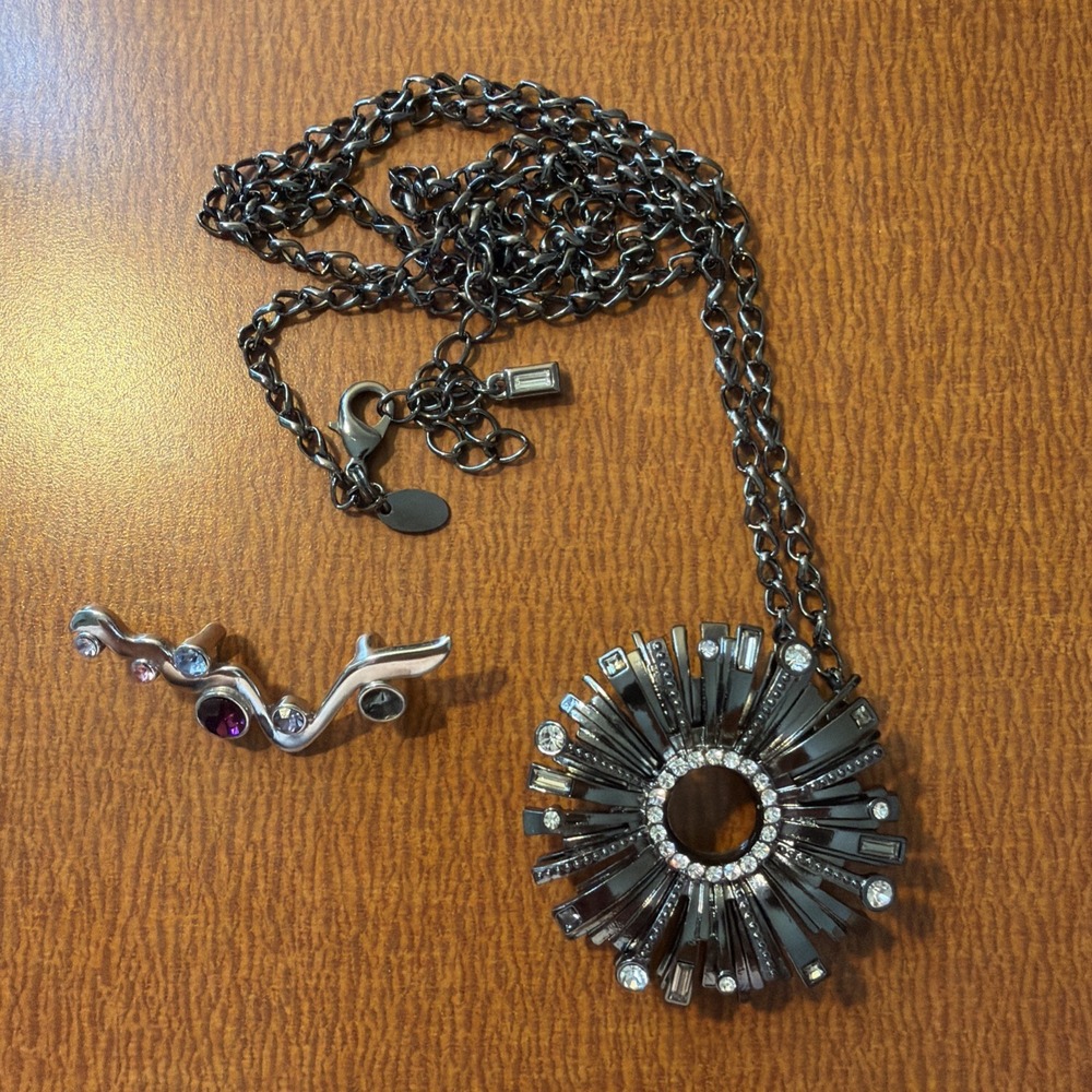 LIA SOPHIA BLACK SILVER RHINESTONEโ PENDANT BROOCH NECKLACE STARBURST + PENDANT